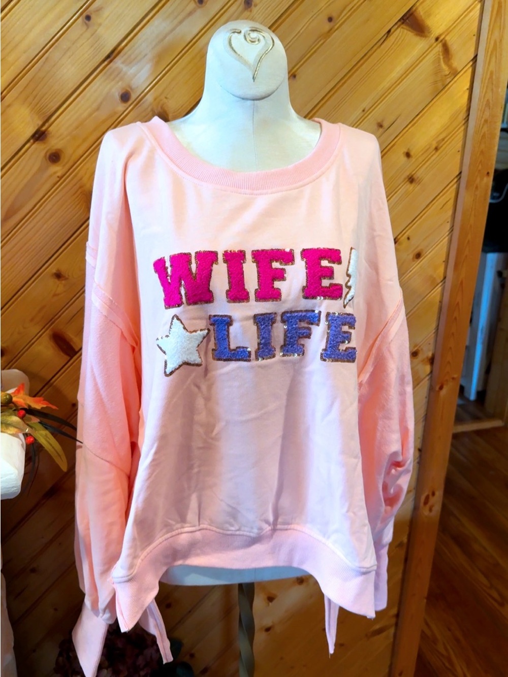 Fantastic Fawn Wife Life Oversized Peach Sequin Sweatshirt Small NWT